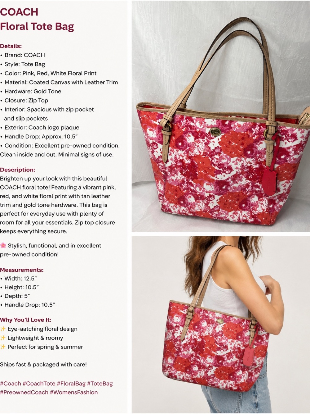 COACH Pink, Red & White Floral Coated Canvas Tote with Tan Trim